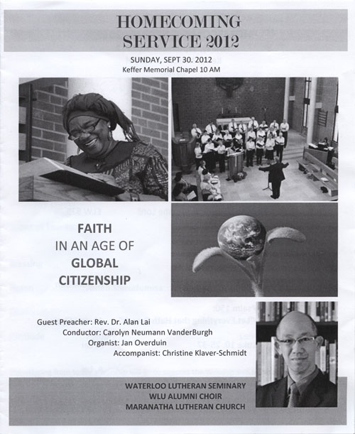 The cover of the Homecoming Service program for 2012. It has pictures of a woman smiling while reading the Bible, the choir performing, an image of the Earth on top of a seedling and a man smiling.